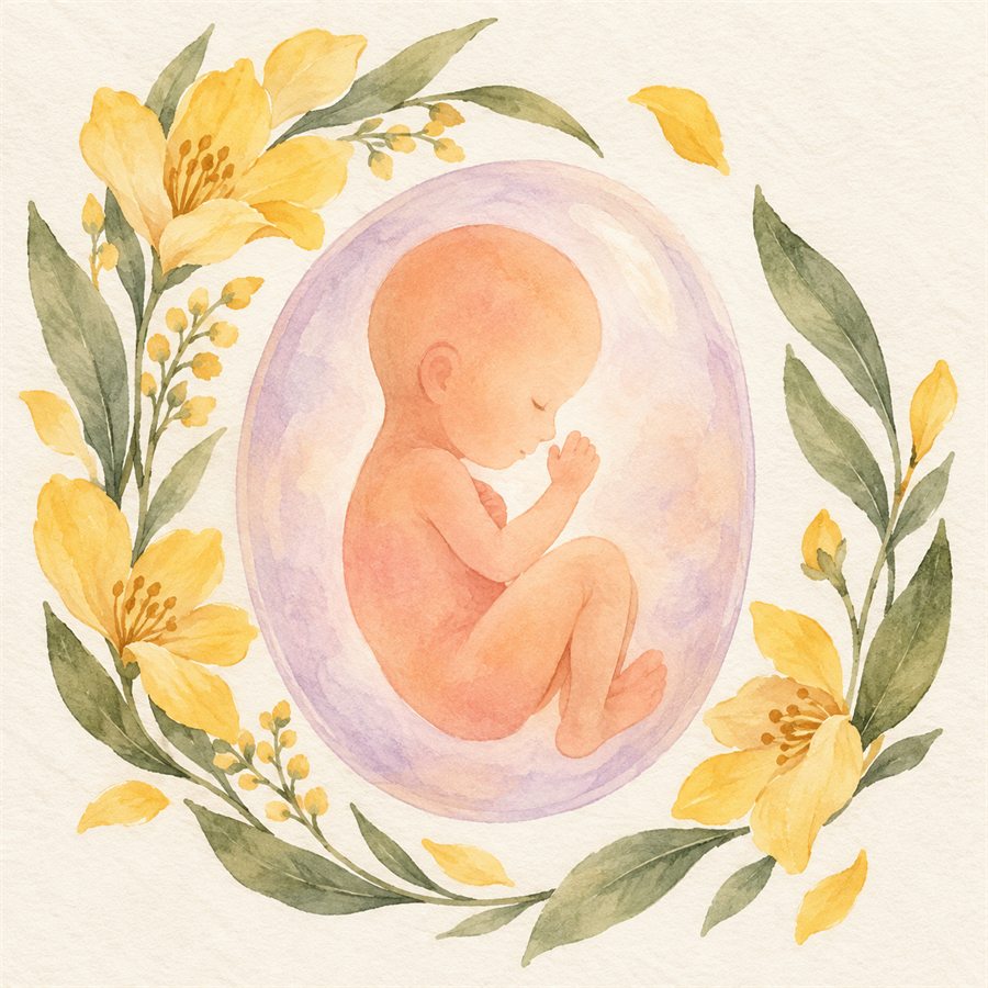 A gentle watercolor illustration of a growing baby surrounded by flowers